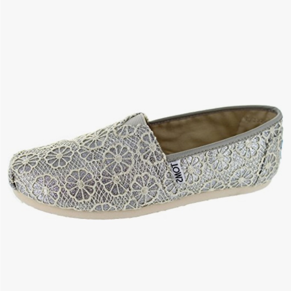 Toms Crochet Classics Glitter Silver Sparkle Slip On Loafer Flat Alpargata 8